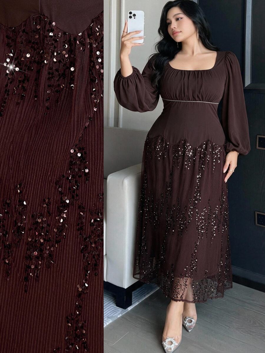 Feyla Plus Size Women's Sequin Mesh Patchwork Casual Party Dress - Coffee Brown - View 1