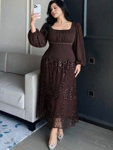 Feyla Plus Size Women's Sequin Mesh Patchwork Casual Party Dress - Coffee Brown - View 4
