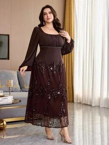 Feyla Plus Size Women's Sequin Mesh Patchwork Casual Party Dress - Coffee Brown - View 5