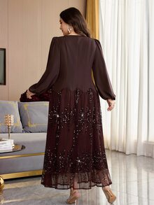 Feyla Plus Size Women's Sequin Mesh Patchwork Casual Party Dress - Coffee Brown - View 2