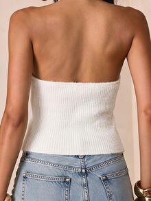 Glamine Women's Solid Color Frog Button Design Hollow Out Sexy Elegant Halter Neck Knit Top Night Out White Summer - Apricot - View 3