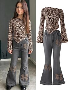 SHEIN Sparklyn Tween Girl) T-Shirt Set, Leopard Print Design T-Shirt Top And Flared Printed Long Pants - Black - View 2