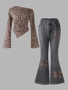 SHEIN Sparklyn Tween Girl) T-Shirt Set, Leopard Print Design T-Shirt Top And Flared Printed Long Pants - Black - View 5