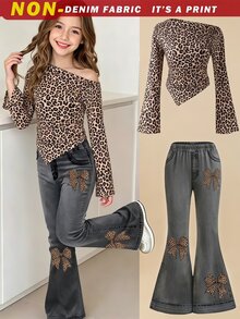 SHEIN Sparklyn Tween Girl) T-Shirt Set, Leopard Print Design T-Shirt Top And Flared Printed Long Pants - Black - View 3