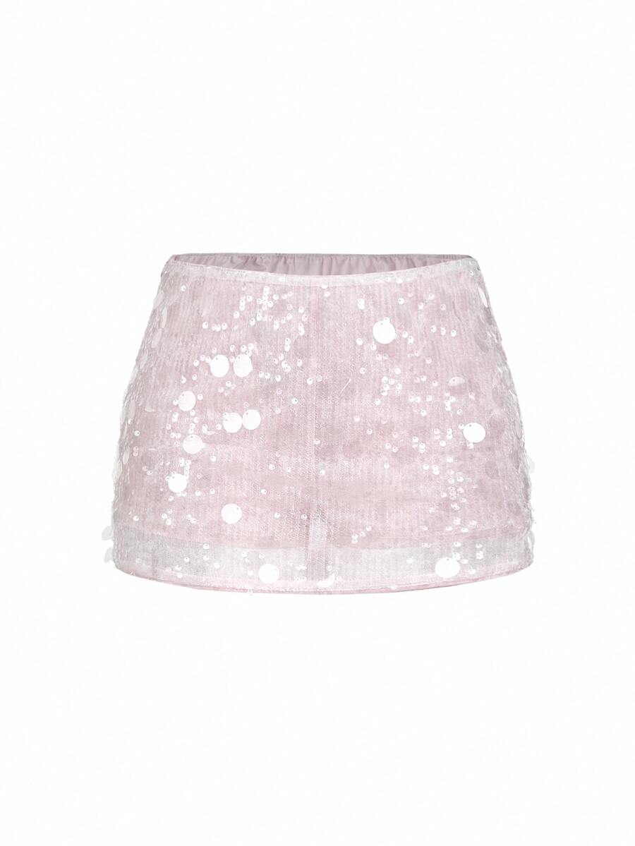 SHEIN ICON Silver Low Rise Sequin Decor Bodycon Mini Skirt - Pink - View 1