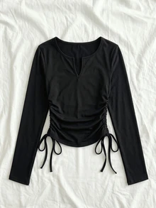 SuriyaCove Women's Long Sleeve V-Neck Ruched Waist T-Shirt - Black - View 4
