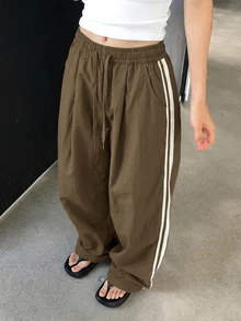 DAZY Women's Elastic Waist Patchwork Tape Loose Street Style Long Pants, All Season Fall - Khaki - View 1