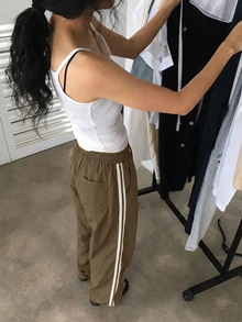 DAZY Women's Elastic Waist Patchwork Tape Loose Street Style Long Pants, All Season Fall - Khaki - View 4