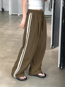 DAZY Women's Elastic Waist Patchwork Tape Loose Street Style Long Pants, All Season Fall - Khaki - View 5