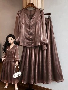 Feyla 大尺碼女款純色V領燈籠袖上衣與裙子優雅兩件套 - 咖啡棕 - 查看 3