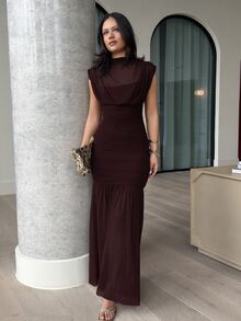 leahseptember Burgundy Elegant Sheer Ruched Dress Women's Evening Dress,Autumn Formal Gatherings Dining Wrap Shawl Long Dress,Bridesmaid Tea Party Birthday Dress - Maroon - View 5