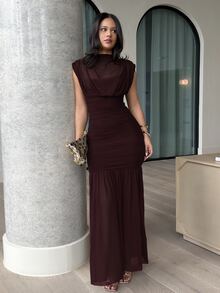 leahseptember Burgundy Elegant Sheer Ruched Dress Women's Evening Dress,Autumn Formal Gatherings Dining Wrap Shawl Long Dress,Bridesmaid Tea Party Birthday Dress - Maroon - View 3