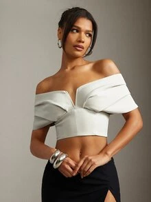 Hauture 奶油白夏季優雅派對夜露肩百褶胸衣短版上衣，老錢風商務休閒修身束腰女款職場襯衫 - 杏色 - 查看 5