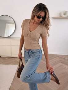 Serisse Women's Solid Color V-Neck Casual Versatile Daily Knit Top Fall Boho Coquette Crochet Pointelle - Brown - View 2