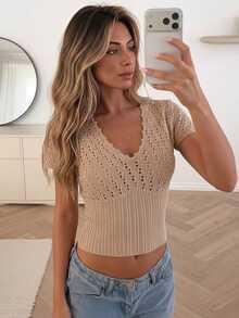 Serisse Women's Solid Color V-Neck Casual Versatile Daily Knit Top Fall Boho Coquette Crochet Pointelle - Brown - View 3