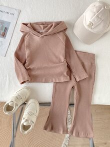 SHEIN 2Pcs Baby Unisex Ribbed Knit Hooded LongSleeve Top & Flare Pants Set, Casual Solid Color Outfit - Coffee Brown - View 4
