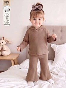 SHEIN 2Pcs Baby Unisex Ribbed Knit Hooded LongSleeve Top & Flare Pants Set, Casual Solid Color Outfit - Coffee Brown - View 2