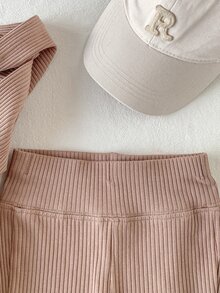 SHEIN 2Pcs Baby Unisex Ribbed Knit Hooded LongSleeve Top & Flare Pants Set, Casual Solid Color Outfit - Coffee Brown - View 6