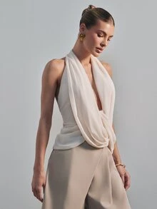Hauture Women's Draped Mesh And Chiffon Stretch Office Top Old Money, , Summer Party, Drape Tops, Modern For Women, Fashion Night Date Evening - White - View 3