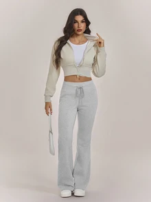 SHEIN Tall Casual Low-Waist Drawstring Waist Elastic Sports Pants Flared Pants Sweatpants Plus Velvet Composite Velvet Suitable For Autumn And Winter - Grey - View 6