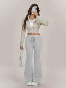 SHEIN Tall Casual Low-Waist Drawstring Waist Elastic Sports Pants Flared Pants Sweatpants Plus Velvet Composite Velvet Suitable For Autumn And Winter - Grey - View 7