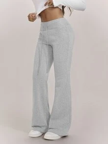 SHEIN Tall Casual Low-Waist Drawstring Waist Elastic Sports Pants Flared Pants Sweatpants Plus Velvet Composite Velvet Suitable For Autumn And Winter - Grey - View 8