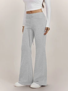 SHEIN Tall Casual Low-Waist Drawstring Waist Elastic Sports Pants Flared Pants Sweatpants Plus Velvet Composite Velvet Suitable For Autumn And Winter - Grey - View 3