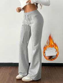 SHEIN Tall Casual Low-Waist Drawstring Waist Elastic Sports Pants Flared Pants Sweatpants Plus Velvet Composite Velvet Suitable For Autumn And Winter - Grey - View 1