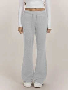 SHEIN Tall Casual Low-Waist Drawstring Waist Elastic Sports Pants Flared Pants Sweatpants Plus Velvet Composite Velvet Suitable For Autumn And Winter - Grey - View 4