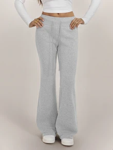 SHEIN Tall Casual Low-Waist Drawstring Waist Elastic Sports Pants Flared Pants Sweatpants Plus Velvet Composite Velvet Suitable For Autumn And Winter - Grey - View 5
