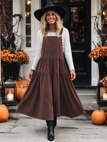 LanaWest Women's Brown Spaghetti Strap Cake Dress With Lace Trim Patchwork Western Vacation Style - Dark Brown - View 1