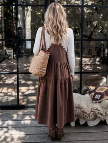 LanaWest Women's Brown Spaghetti Strap Cake Dress With Lace Trim Patchwork Western Vacation Style - Dark Brown - View 2