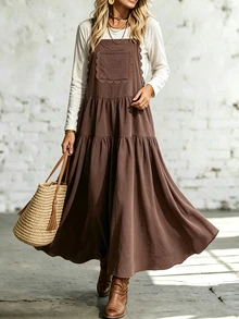 LanaWest Women's Brown Spaghetti Strap Cake Dress With Lace Trim Patchwork Western Vacation Style - Dark Brown - View 4