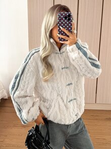 SHEIN EZwear Autumn/Winter American Casual Fuzzy Textured Frog Button Jacket - Apricot - View 4