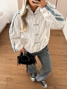 SHEIN EZwear Autumn/Winter American Casual Fuzzy Textured Frog Button Jacket - Apricot - View 5