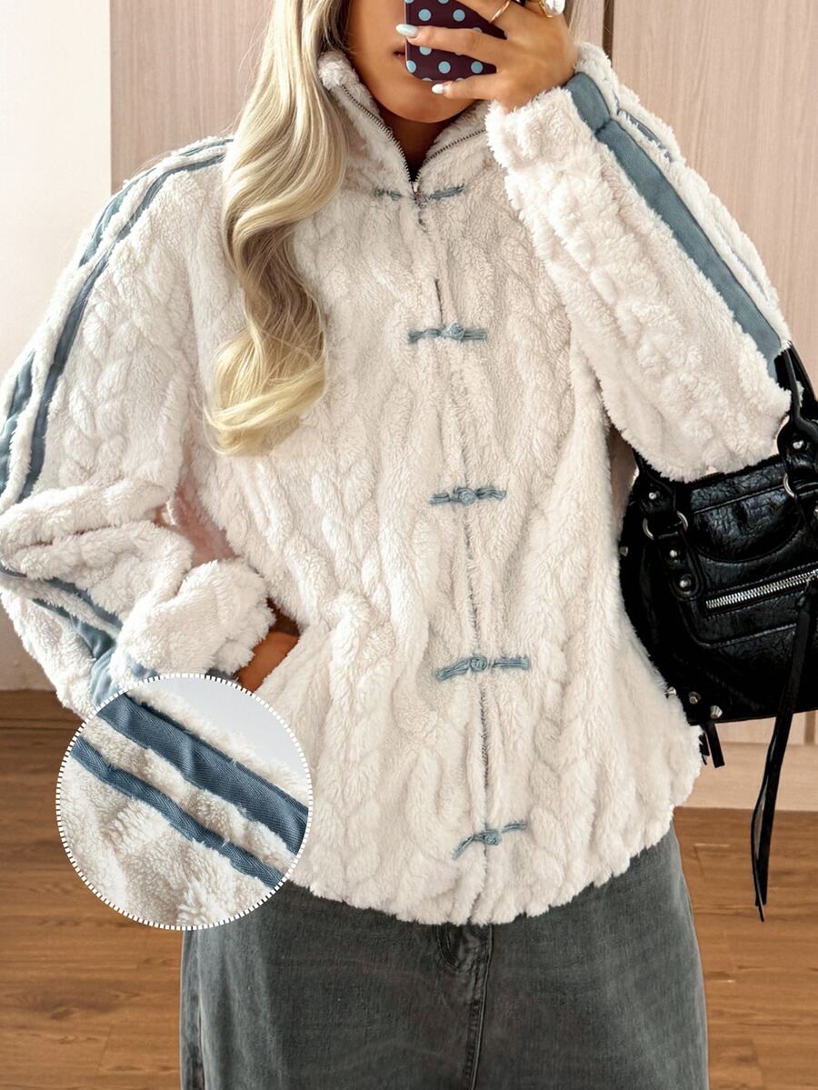 SHEIN EZwear Autumn/Winter American Casual Fuzzy Textured Frog Button Jacket - Apricot - View 1