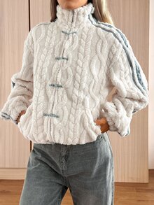 SHEIN EZwear Autumn/Winter American Casual Fuzzy Textured Frog Button Jacket - Apricot - View 3