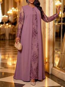Fleurora Plus Size Vintage Elegant Embroidered Pleated Dress For Evening Party Fall - Purple - View 3
