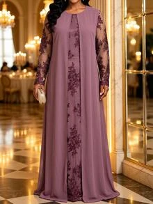Fleurora Plus Size Vintage Elegant Embroidered Pleated Dress For Evening Party Fall - Purple - View 1