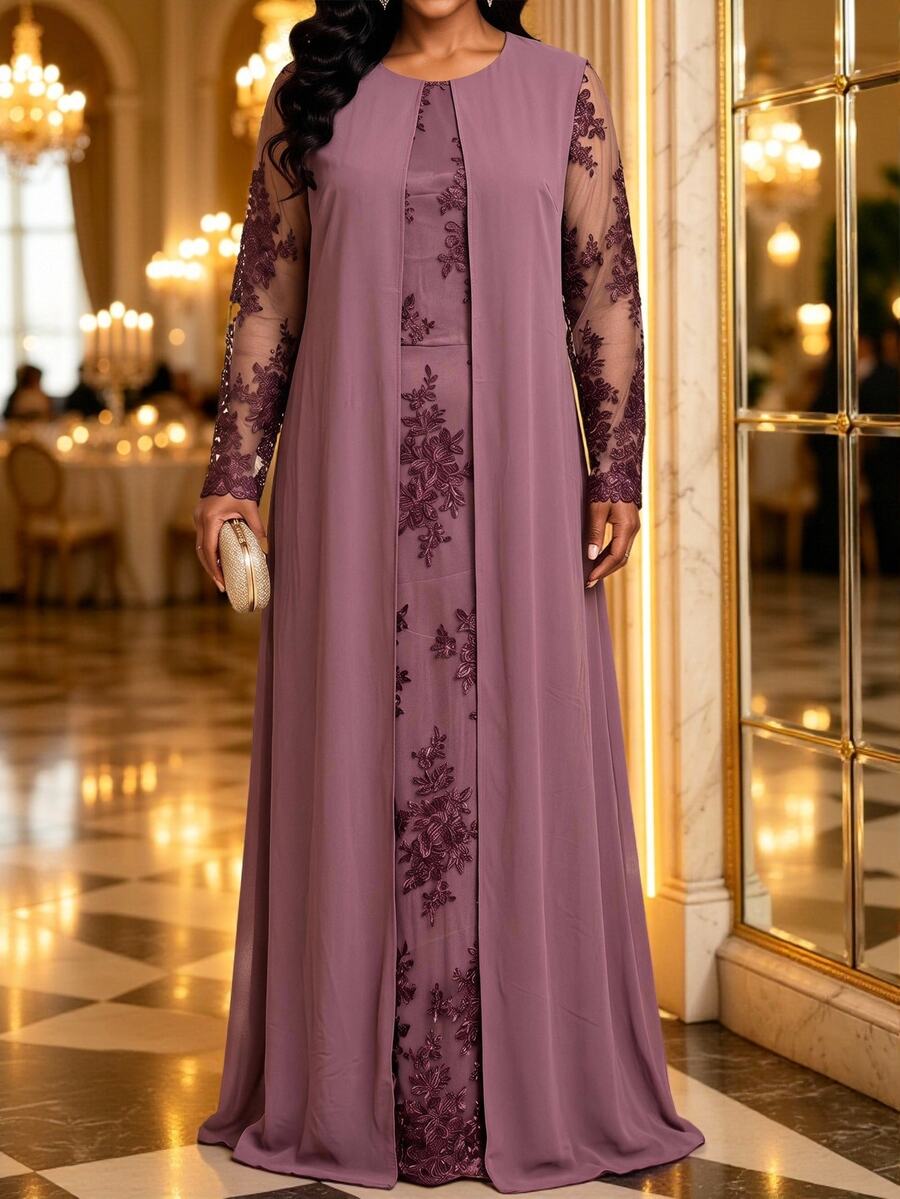 Fleurora Plus Size Vintage Elegant Embroidered Pleated Dress For Evening Party Fall - Purple - View 1