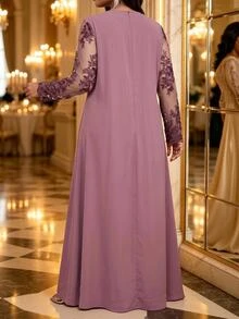 Fleurora Plus Size Vintage Elegant Embroidered Pleated Dress For Evening Party Fall - Purple - View 2
