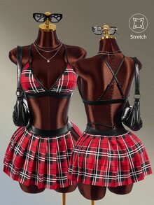 Amplova Women's Plaid Halter Top And Pleated Mini Skirt Sports Set - Red - View 3