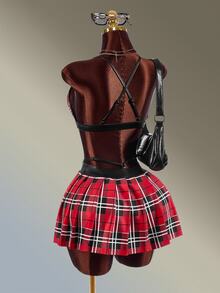 Amplova Women's Plaid Halter Top And Pleated Mini Skirt Sports Set - Red - View 5