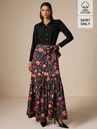 LOTSLUV Jupe imprimée fendue à nouer pour femme, base noire polyvalente avec fleurs ditsy colorées, style élégant pour le trajet automnal