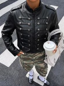 Muchica Jaket Napoleon Kulit PU Hitam Wanita dengan Desain Kancing dan Resleting di Bagian Depan - Hitam - View 1