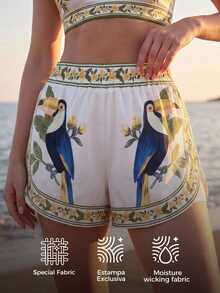 CAJUNI Women's Floral Bird Print Casual Daily Sports Shorts - Multicolor - View 5