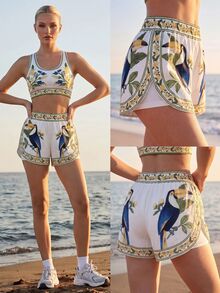 CAJUNI Women's Floral Bird Print Casual Daily Sports Shorts - Multicolor - View 3