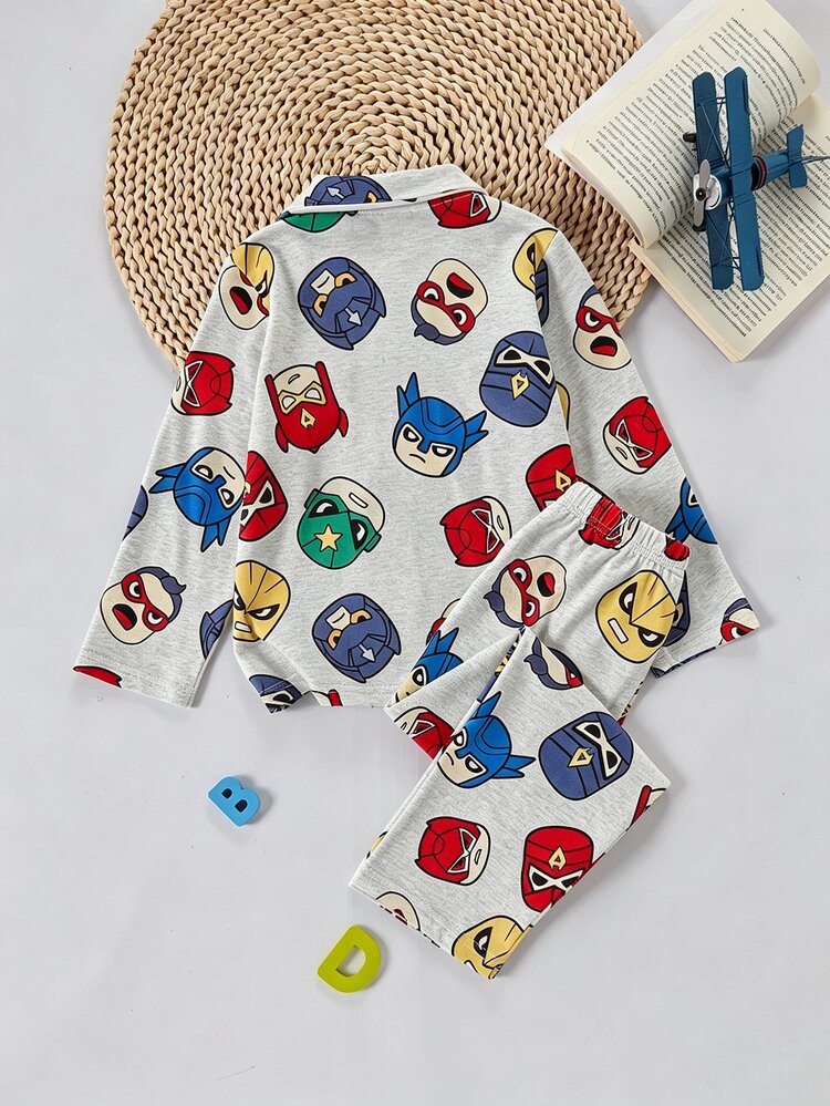 Young Boys Superhero Mask Pattern Knit Turn-Down Collar Long Sleeve Shirt & Pants 2-Piece Set Loungewear Made Of Fabric Autumn And Winter - Grey - View 2