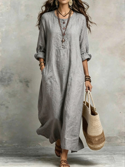 Omancia Women's Round Neck Long Sleeve Pocket Dress, Casual Dress, Summer Dress, Women's Vacation Outfit, Beach Dress