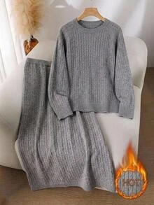SHEIN LUNE Plus Size Women's Cable Knit Long Sleeve Sweater And Knitted Skirt Casual Baggy Capsule Wardrobe Set Lounge Formal Evening Grey Autumn - Grey - View 1